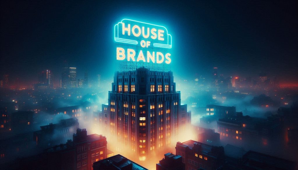 Night time in a city with a neon sign on top of a building that says "House of Brands"