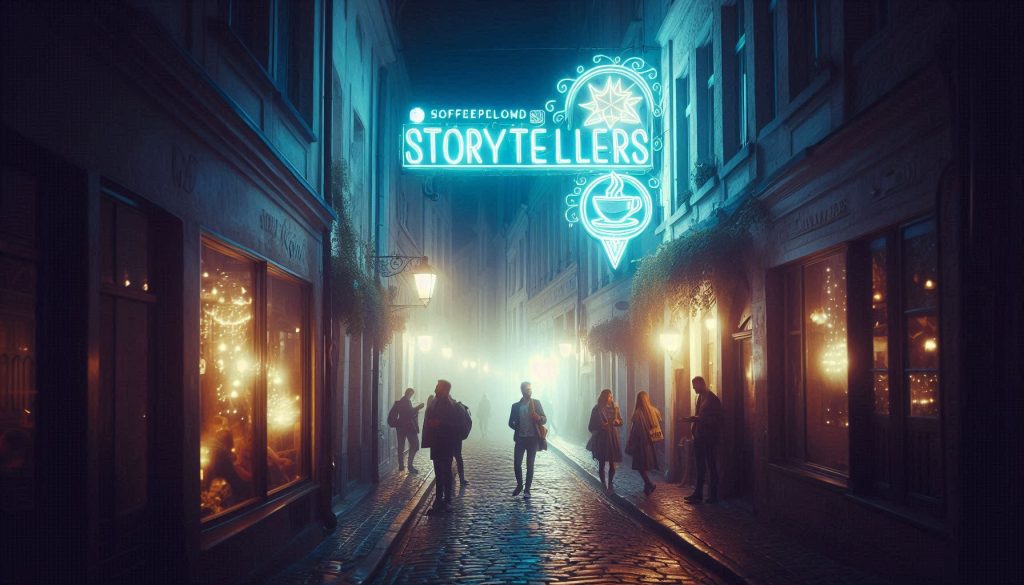 Cobblestone street and people bathed in neon light from a sign above a coffee shop that says, "Storytellers."