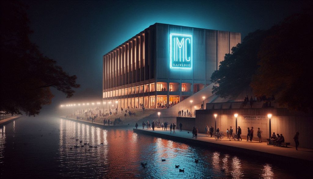 IMC in neon light on the side of a brutalist architecture building meant to depict Northwestern University